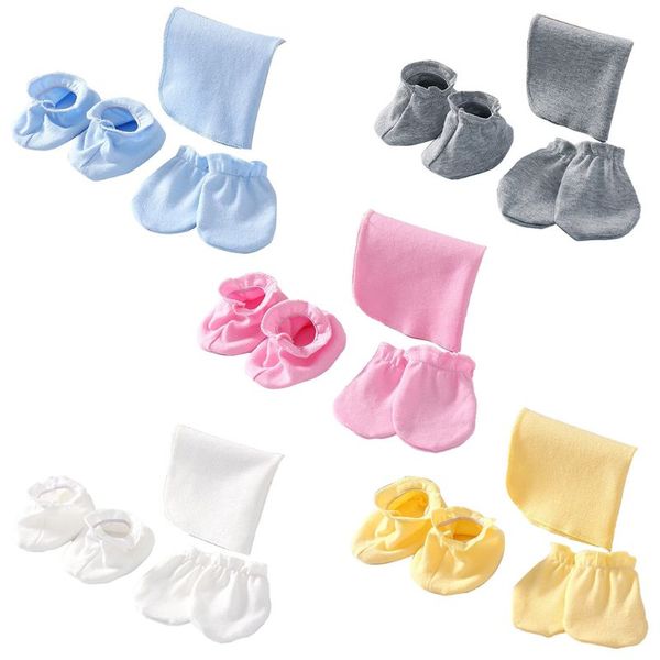

baby newborn soft cotton saliva towel gloves foot cover set anti scratch mittens feeding burp cloth bib socks kits, Slivery;white