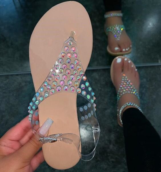 

spring and summer new 2020 women flat non-slip transparent pvc rhinestone outdoor beach sandals at home all-match slippers ms, Black