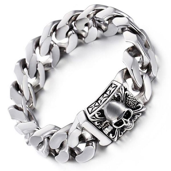 

20mm heavy gothic gold men's skeleton skull clasp skull skeleton bracelets silver 316l stainless steel cuban curb link chain bracelet b, Golden;silver