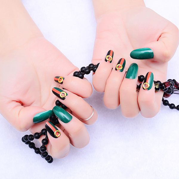 

orange striped hollow circle fake nail patch wear manicure fake nail tips detachable false nails art nail tool package with box, Silver;gold