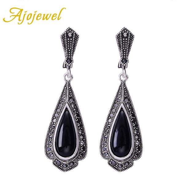 

ajojewel vintage oorbellen luxury long water drop earrings black stone orecchini donna, Silver