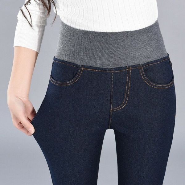 

women winter thick thermals warm fleece outdoor jeans pants ropa mujer new high waist trousers slim pants women, Blue