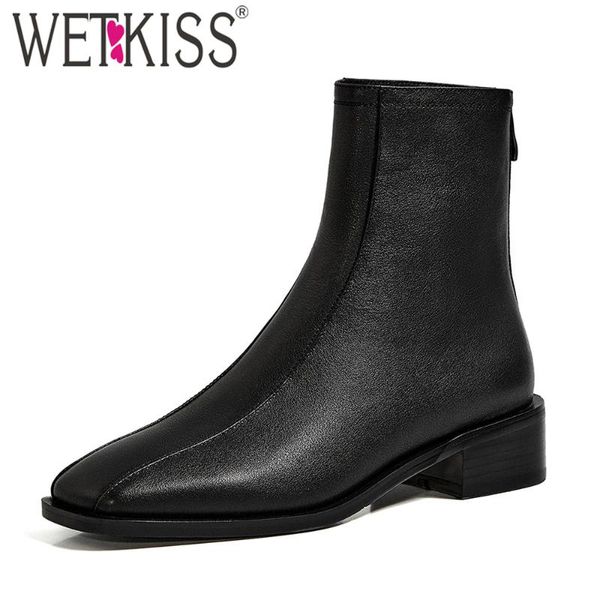 

wetkiss коренастый пятки ботильоны женщин квадратный носок женская обувь короткие добыч кожа уютные женские туфли на низком каблуке урожай 2, Black