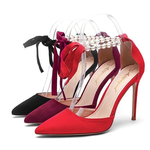 

2020 spring and summer new sandals personality pearl chain straps pointed stiletto heels women fashion sandals, Black