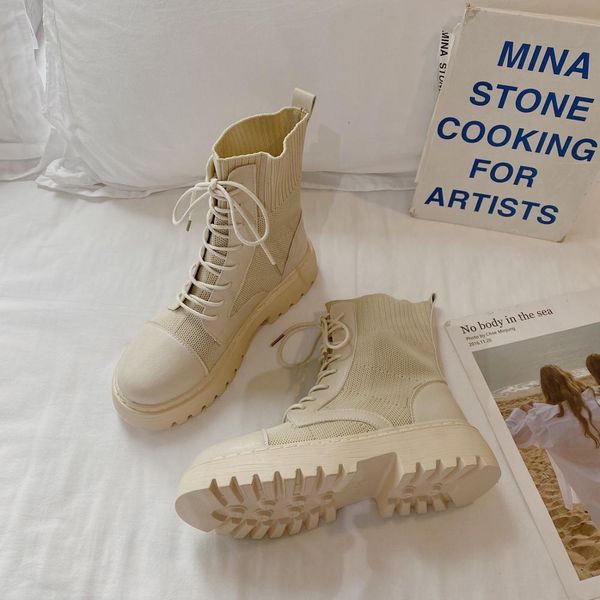 

fashion women boots platform wedges lace up ankle boots thick bottom mesh leather stitching 2020 autumn female shoes botas mujer, Black