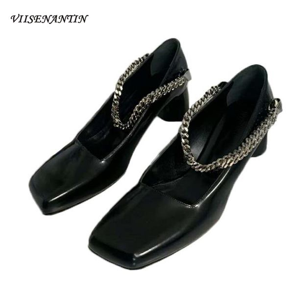 

2020 summer new british style shallow mary jane shoes shallow metal chain square toe thick high heel all-match retro pumps women, Black