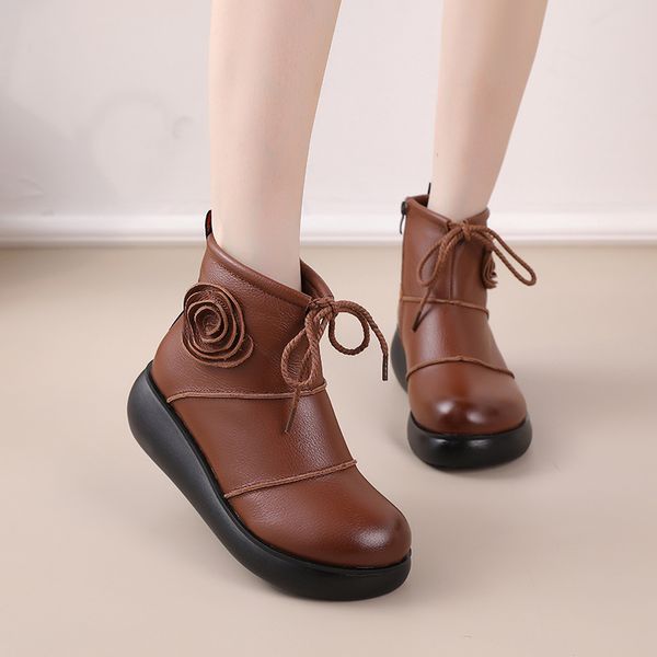 

oukahui 2020 autumn genuine leather ankle boots for women chunky platform vintage lace-up flat winter warm short boots women zip, Black