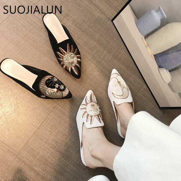 

suojialun women slippers pointed toe slip on half slippers fashion embroider mules autumn outdoor casual ladies sandals slides, Black