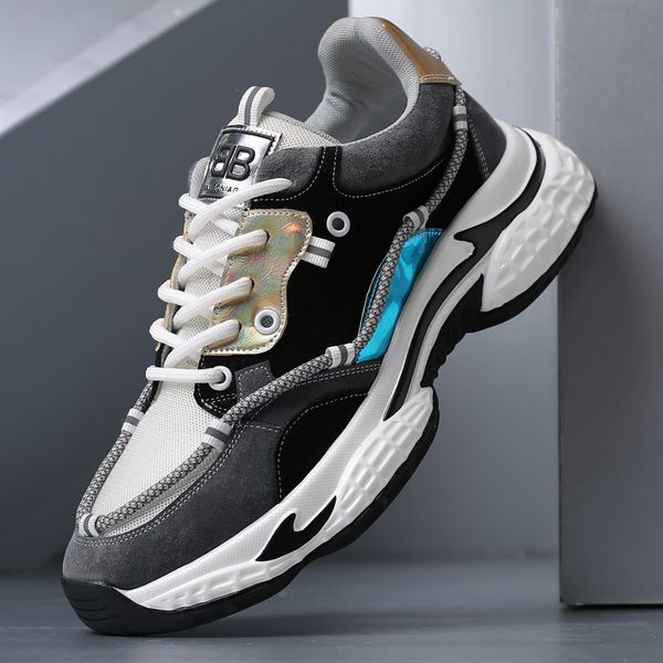 

men shoes retro thick-soled breathable wear-resistant low-all-match mesh lace up sneakers summer pu artificial leather basic, Black