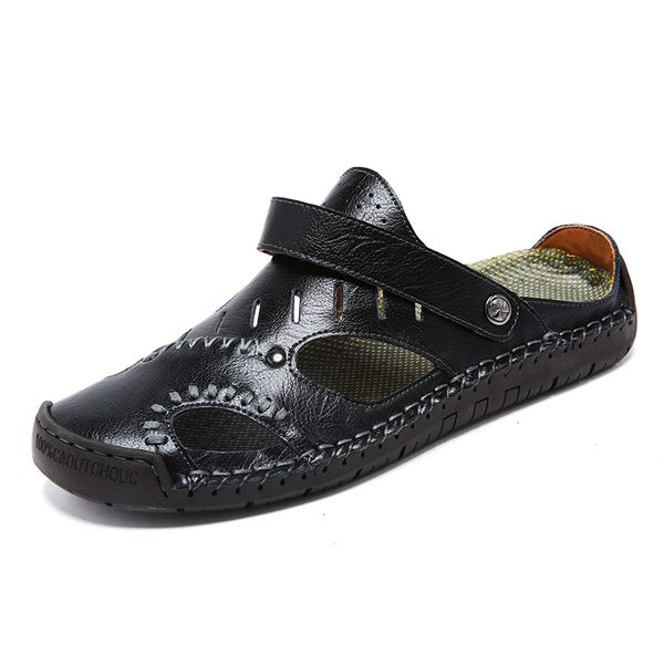 

sandals men shoes summer casual slippers british genuine leather breathable slip on lazy loafers men's, Black