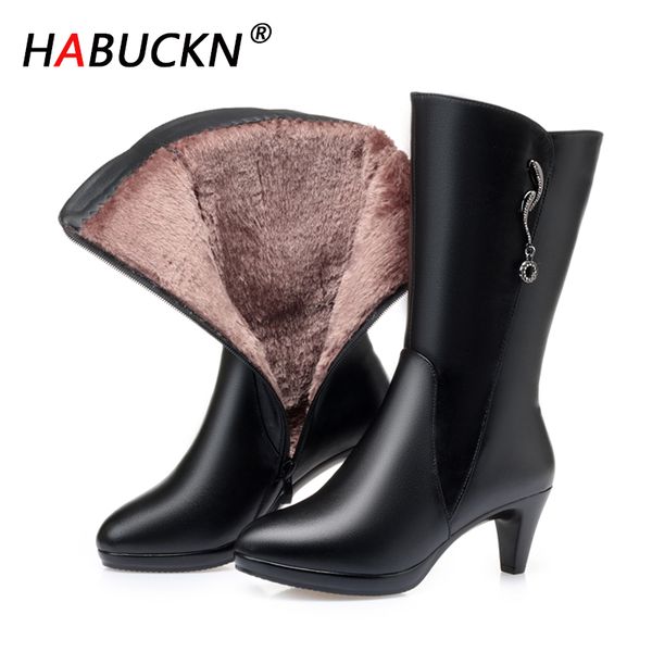 

habuckn ladies snow boots women elegant high heels boots banquet stylish warm all wool women winter female shoes, Black