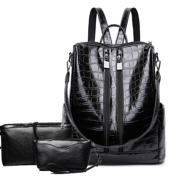 

3 pcs casual women backpacks crocodile pattern embossed leather female backbag lady bag set teenenger girl school shoulder bags