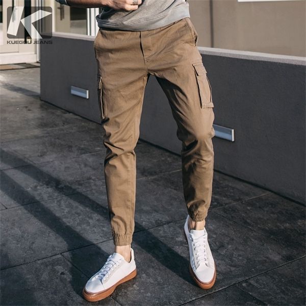 

kuegou men's casual pants fashion slim beam foot trousers spring summer multiple pockets bib overall men kk-2918, Black