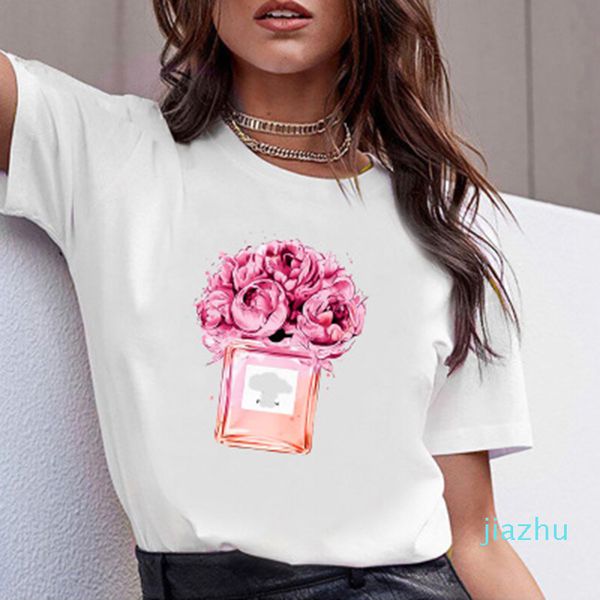 Heißer Verkauf Frauen Kleidung Drucken Blume Parfüm Flasche Süße Kurzarm T-shirt Gedruckt Frauen Shirt T Weibliche T-shirt Top Casual frau T