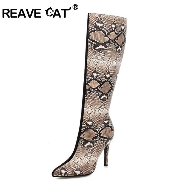 

похищать cat осень-колено высокие сапоги остроконечные носок 10см тонкие каблуки pu лоскутная змеиной большой размер 34-48 черный бежевый да, Black