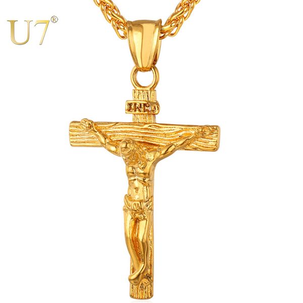 

u7 men inri crucifix jesus piece stainless steel pendant necklace catholic religious cross gold hip-hop jewelry father gift p624 200928, Silver