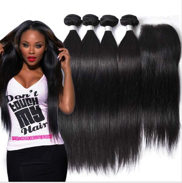 

brazilian straight human hair weaves extensions 4 bundles with closure middle 3 part double weft dyeable bleachable 100g/pc, Black