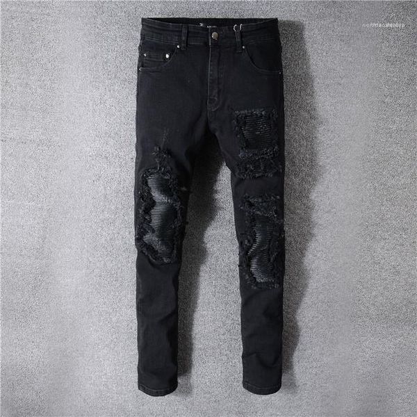 

apparel mens new fashion designer hole black jeans button pocket fashion style homme clothing pencil pants casual, Blue