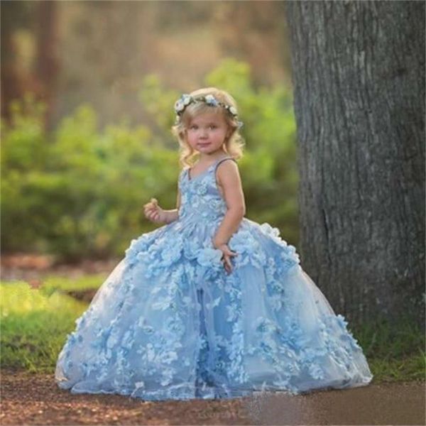 

light blue flower girl dresses 2020 v neck lace 3d floral appliques girls pageant gowns communion dress, Red;yellow