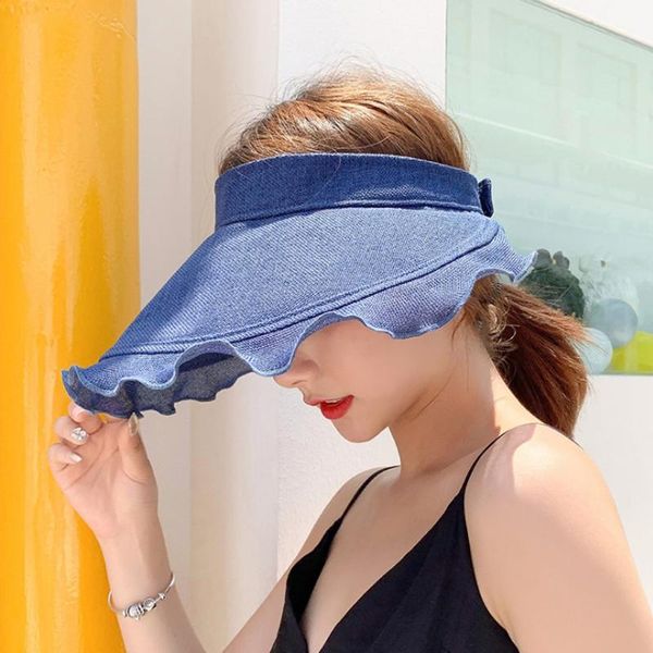 

women summer outdoor solid visor sun protection foldable beach sunscreen hat cap, Blue;gray