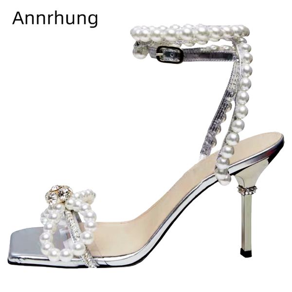 

square open toe pvc transparent sandals women jeweled thin heel ankle wrap string bead pearl crystal banquet shoes woman, Black