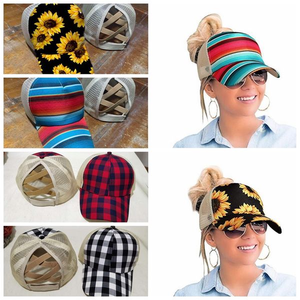

women sunflower baseball cap messy buns trucker mesh splicing high ponytail criss cross hollow out dad hat trump party hats cca12493 30pcs
