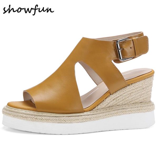 

women's genuine leather wedge platform sandals open toe female soft comfortable high heel pumps summer dress sandals shoes, Black