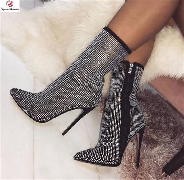 

original intention fashion all seuqins mid-calf high boots woman pointed toe thin high heel gorgeous short boots female, Black
