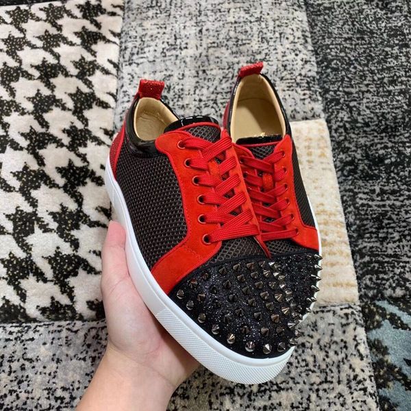 

luxury mesh leather junior spikes sneakers shoes, elegant red bottom shoes men designer comfort casual shoes chaussures homme, Black