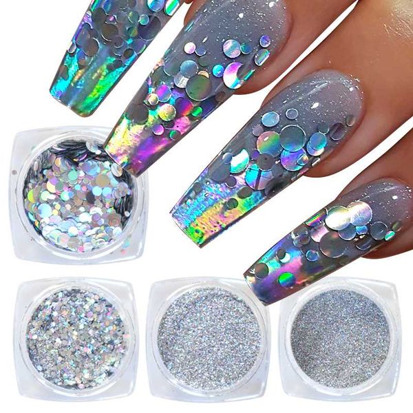 

4pcs/set silver holographic nail glitter powder diy laser sparkly manicure chrome pigment dust nail art decoration, Silver;gold