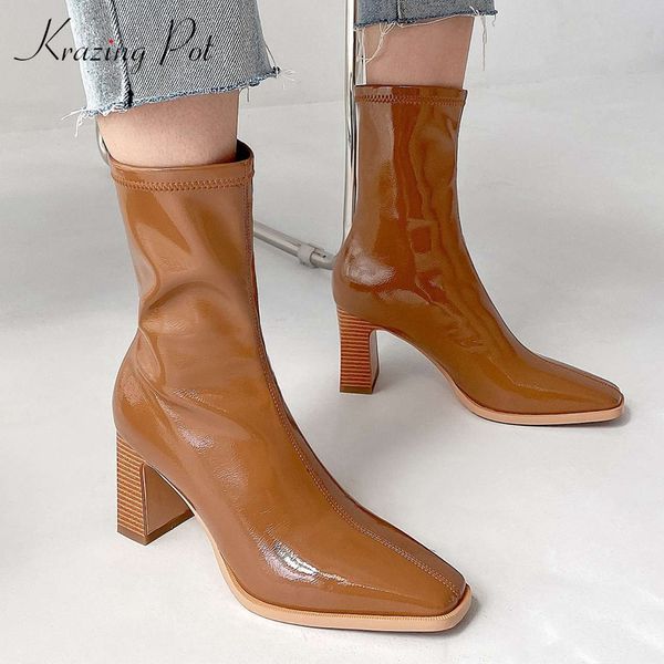 

krazing pot patent leather high street fashion three color thick high heel square toe slip on dating gorgeous mid-calf boots l28, Black