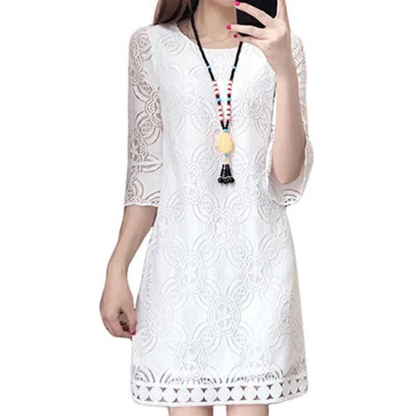 

casual dresses women white lace party dress korean style 3/4 sleeve plus size spring summer o-neck hollow out vestido, Black;gray