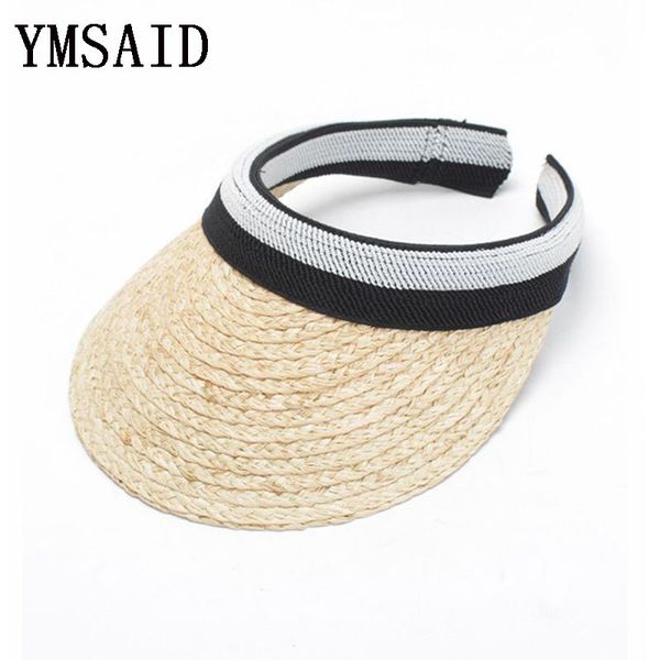 

ymsaid new fashion visor sun hats for women men summer travel straw hats empty caps raffia beach hat, Blue;gray