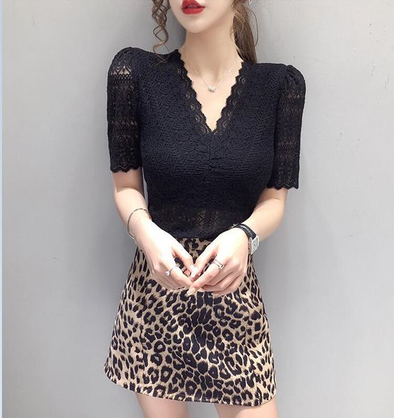 

women v-neck lace blouses shirts female short puff sleeve hollow out solid elasticity blouses girls 2020 summer, White