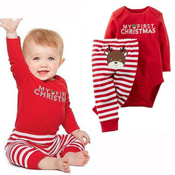 

xmas newborn baby boys girls christmas letter cartoon romper stripe elk long pants clothes outfits winter autumn set, White
