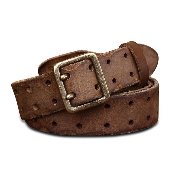 

lgfd20614 double needle copper buckle belts retro first layer of pure leather full grain leather belt, Black;brown