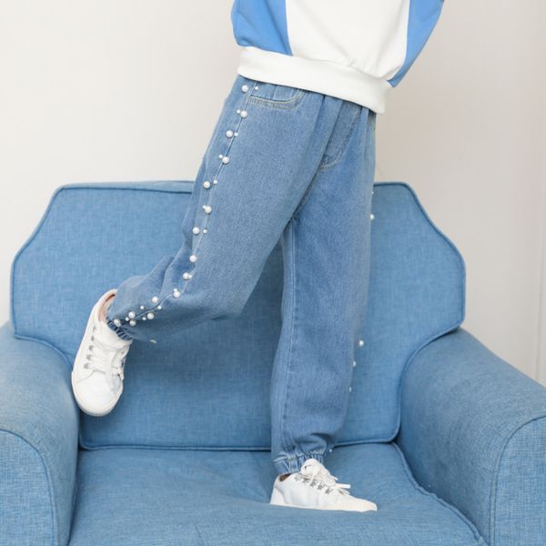 

girls side pearl jeans 2020 spring new model childrens korean-style online red long pants wholesale, Blue