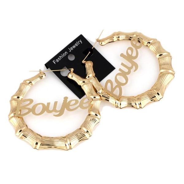 

7cm hiphop bamboo hoop earrings customizable customize name earrings bamboo style custom hoop with statement words, Golden;silver