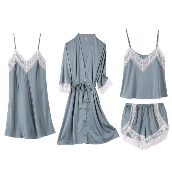 

women's sleepwear women spring summer autumn homewear robe 4pcs set intimate comfortable satin soft nightwear casual femme mujer, Black;red