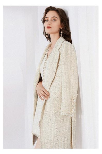 

2020 new arrival autumn winter tweed jacket women elegant runway pockets designer luxury long coat female wool outerwear belt, Black