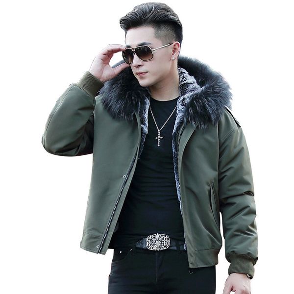 

short real fur parka homme winter jacket men rex fur liner coat raccoon collar parkas hombre invierno kj1629, Black