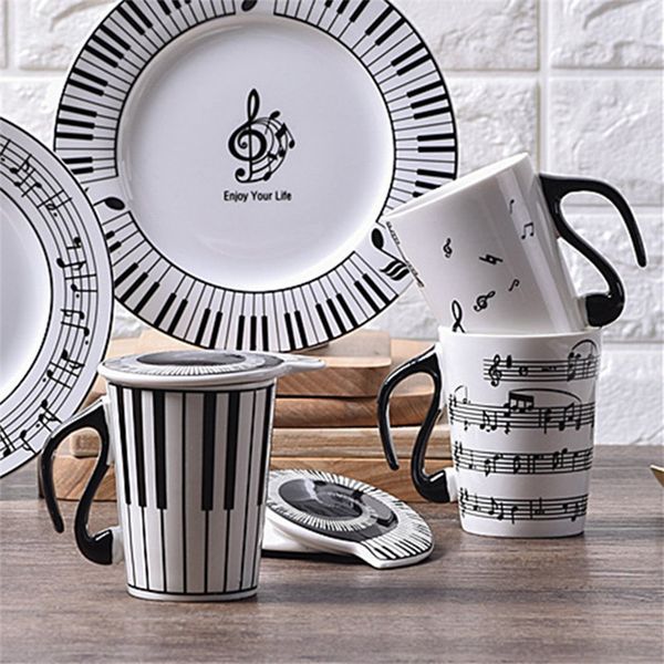 

mugs 280ml piano stave coffee mug with lid keyboard cup 8 inch creative music plate and bowl or gift