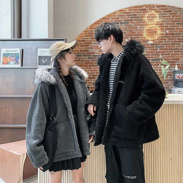 

2020 зимние новой корейской версии тенденции моды овчины с капюшоном меховой воротник пальто руно повседневный, Black