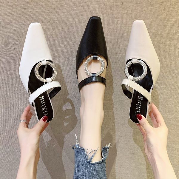 

women's mules, fashionable elegant half shoes, pointed high heels with rhinestones (height 6cm 2.36inches, leather, Black