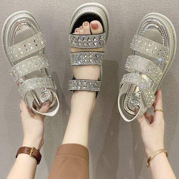 

women's rhinestone wedge shoes muffin thick bottom beach fashion sandals sandals summer casual platform gladiator hook loop, Black