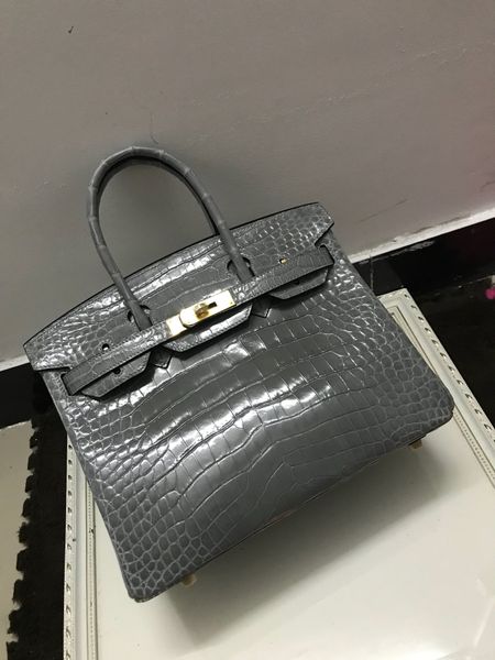 

factory wholesale grey shinny crocodile handbag 30cm,fully handmade wax thread,can make other size,many colors for chosen,fast delivery