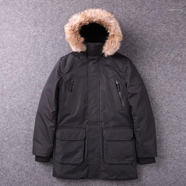 

fashion thick fur collar mens hooded parkas casual warm males clothing mulit pockets panelled mens designer parkas, Black
