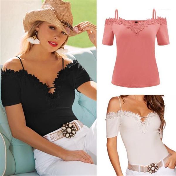 

strap tees casual women summer lace trimming v neck tshirts solid off shoulder spaghetti, White