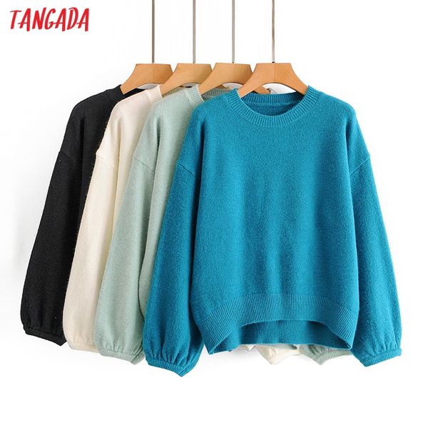 

tangada fall 2020 women loose sweater cashmere knitted pullover sweater round neck lantern sleeve jumper 3a61, White;black