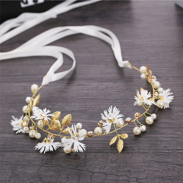 

gold leaf daisy flower headband bridal tiaras hair jewelry ribbon wreath pearl headpiece wedding bride hair accessories, Golden;silver